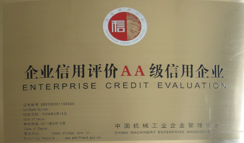 2008年3月，公司被中国机械工业企业管理协会授予“企业信用评价AA级信用企业”